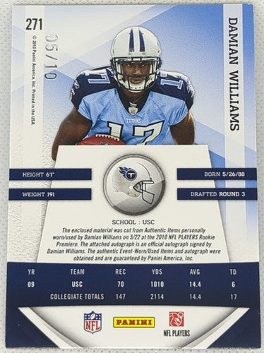 DAMIAN WILLIAMS 2010 Panini Gridiron Gear RC AUTO JERSEY PATCH Prime #/10 Titans