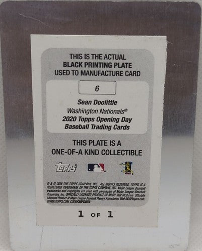 SEAN DOOLITTLE 2020 Topps Opening Day PRINTING PLATE SP 1/1 Nationals A's One of