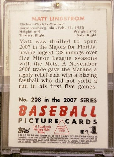 MATT LINDSTROM 2007 Topps Bowman Heritage PRINTING PLATE SP #1/1 of 1 Marlins RC