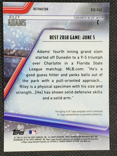 RILEY ADAMS 2018 Topps Bowman's Best Of 18 Rookie RC SP Refractor AUTO Blue Jays