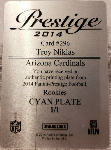 TROY NIKLAS 2014 Panini Prestige Rookie Cyan PRINTING PLATE #1/1 of 1 Cardinals