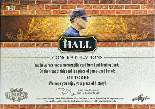 JOE TORRE 2022 Leaf Lumber Game Used BAT Relic BLACK /5 Yankees Cardinals Braves
