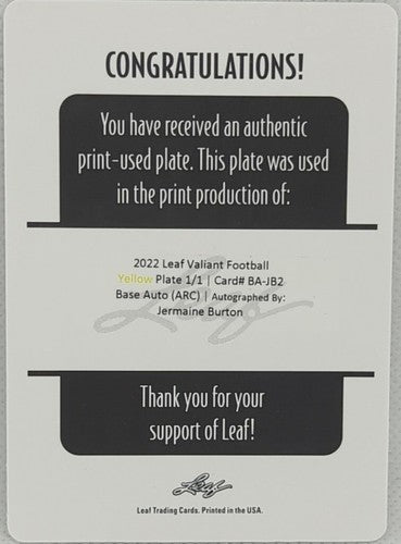 JERMAINE BURTON 2022 Leaf Valiant RC AUTO PRINTING PLATE SP #1/1 Georgia Alabama