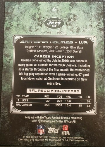 SANTONIO HOLMES 2013 Topps Inception PRINTING PLATE #1/1 New York Jets Steelers