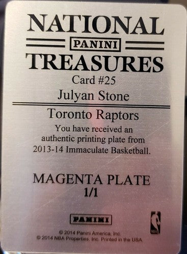 JULYAN STONE 2013-14 Immaculate Inscriptions PRINTING PLATE SP #1/1 of 1 Raptors