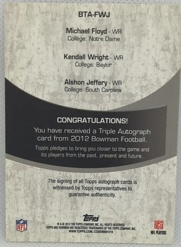 Alshon JEFFERY Michael FLOYD Kendall WRIGHT 2012 Bowman TRIPLE RC AUTO Blue #/25