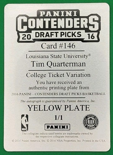 TIM QUARTERMAN 2016-17 Panini Contenders RC AUTO PRINTING PLATE #1/1 Blazers LSU