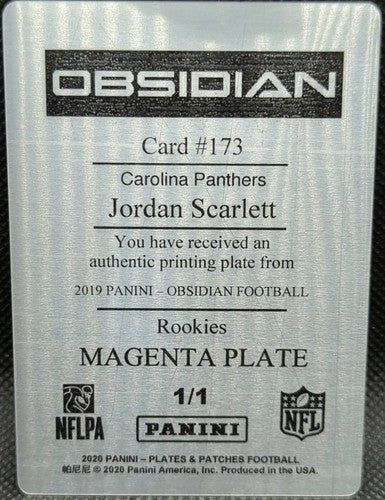 JORDAN SCARLETT 2019 Panini Obsidian RC PRINTING PLATE SP #1/1 Panthers One of