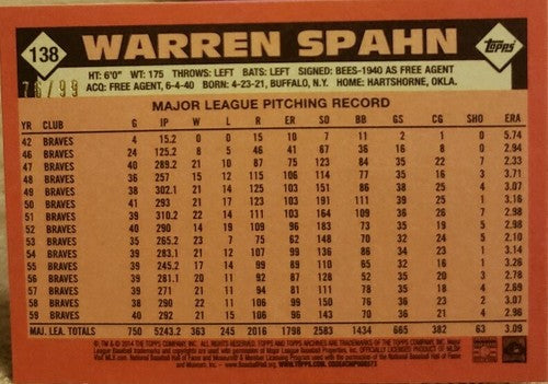 WARREN SPAHN 2014 Topps Archives SILVER Foil Refractor SP #/99 Milwaukee Braves