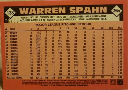 WARREN SPAHN 2014 Topps Archives SILVER Foil Refractor SP #/99 Milwaukee Braves