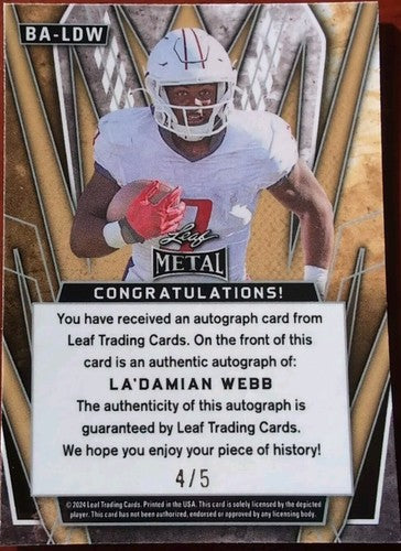 LA'DAMIAN WEBB 2024 Leaf Metal RC AUTO PINK CRACKED ICE SP #4/5 Dolphins Alabama