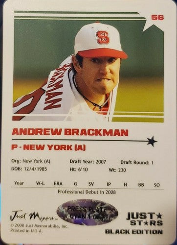 ANDREW BRACKMAN 2008 Just Minors Stars PRINTING PLATE #1/1 of 1 New York Yankees