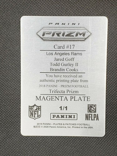 Jared GOFF Brandin COOKS GURLEY 2018 Panini Prizm TRIPLE PRINTING PLATE 1/1 Rams