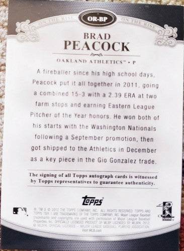 BRAD PEACOCK 2012 Topps Tier One On the Rise AUTO Autograph SP #/350 Oakland A's