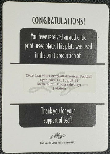JJ MOLSON 2016 Leaf Metal Army All-American AUTO PRINTING PLATE 1/1 Packers J.J.