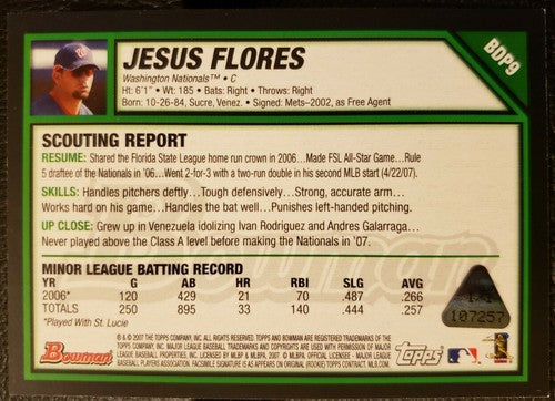 JESUS FLORES 2007 Bowman Draft Picks Prospects RC PRINTING PLATE #1/1 Nationals
