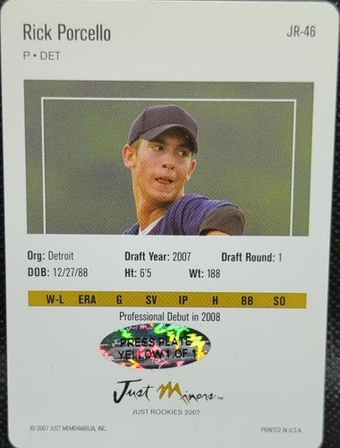 RICK PORCELLO 2007 Just Minors Rookies RC PRINTING PLATE SP #1/1 Tigers Red Sox