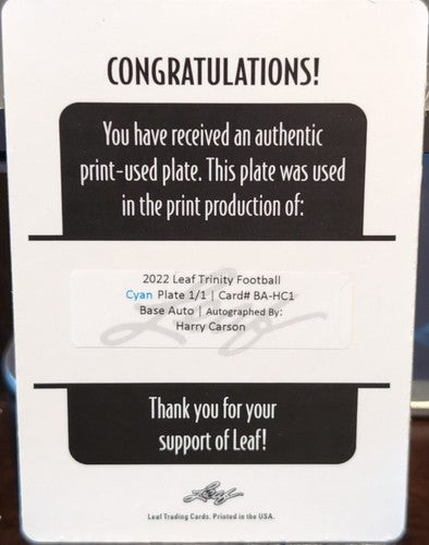 HARRY CARSON 2022 Leaf Trinity AUTO PRINTING PLATE SP 1/1 NY Giants Hall Of Fame