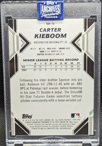 CARTER KIEBOOM 2020 Topps Archives 2019 Bowman Platinum AUTO SP 1/1 Nationals of