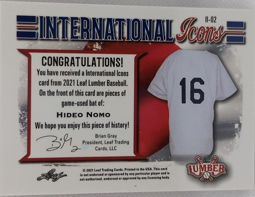 ðµ HIDEO NOMO 2021 Leaf Lumber DUAL Game Used BAT Relic RED SP #2/7 LA Dodgers