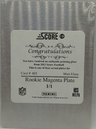 MATT ELAM 2013 Panini Score Rookie RC PRINTING PLATE #1/1 Ravens Florida One of