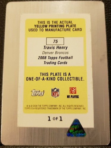 TRAVIS HENRY 2008 Topps NFL Football Yellow PRINTING PLATE SP #1/1 Broncos Bills