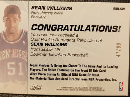 SEAN WILLIAMS 2007-08 Bowman Elevation Remnants Dual Jersey Pink SP #/99 RC Nets