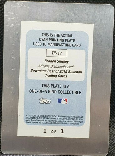 BRADEN SHIPLEY 2015 Topps Bowmans Best of RC PRINTING PLATE SP #1/1 Diamondbacks