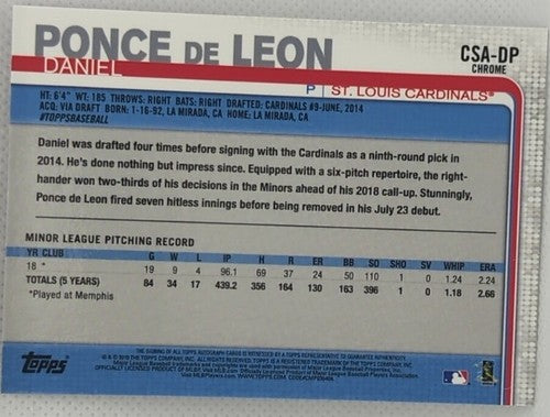 DANIEL PONCE de LEON 2019 Topps Chrome Sapphire RC Cracked Ice AUTO SP Cardinals