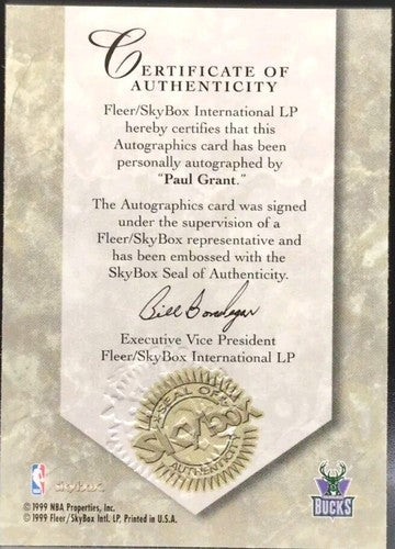 PAUL GRANT 1999-00 SkyBox Premium Autographics AUTO SP Timber Wolves Bucks Jazz