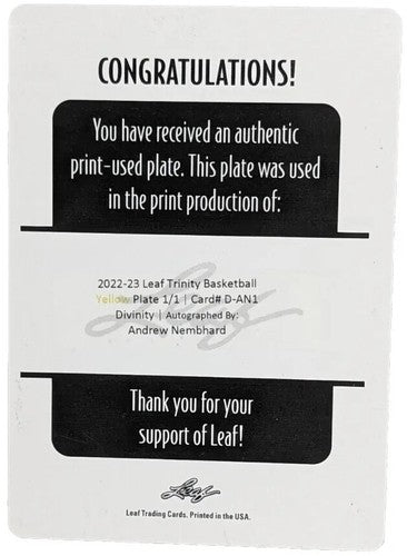 ANDREW NEMBHARD 2022-23 Leaf Trinity Divinity RC AUTO PRINTING PLATE #1/1 Pacers
