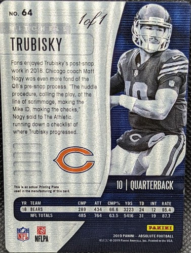 MITCHELL TRUBISKY 2019 Panini Absolute PRINTING PLATE #1/1 Bears Steelers One of
