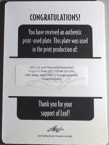 DYLAN ANDREWS 2021-22 Leaf Memories 1991 AUTO PRINTING PLATE SP #1/1 UCLA Bruins