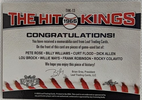 Pete ROSE Willie MAYS Lou BROCK Curt FLOOD + 2022 Leaf Lumber 8 Game Used BAT 25