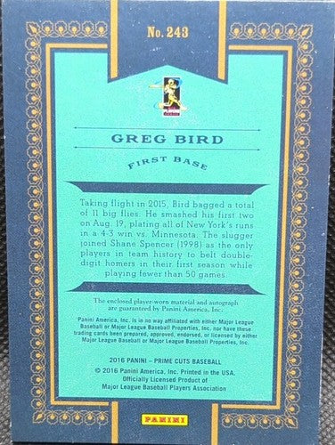 GREG BIRD 2016 Panini Prime Cuts RC DUAL AUTO TRIPLE PATCH Gold SP #1/25 Yankees