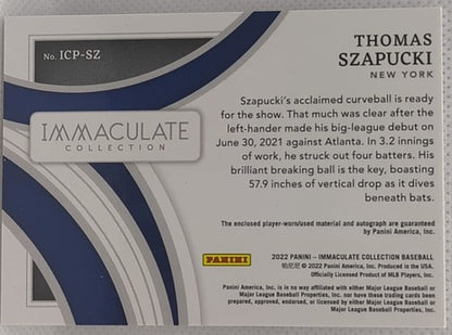THOMAS SZAPUCKI 2022 Panini Immaculate DUAL AUTO Jersey BUTTON PATCH SP /10 Mets