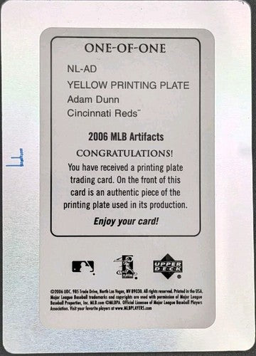 ADAM DUNN 2006 Upper Deck MLB Artifacts NL PRINTING PLATE SP #1/1 Reds White Sox