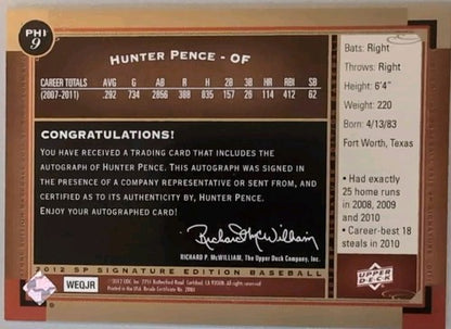 HUNTER PENCE 2012 Upper Deck SP Signature Edition AUTO #PHI9 Phillies Giants