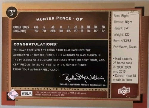 HUNTER PENCE 2012 Upper Deck SP Signature Edition AUTO #PHI9 Phillies Giants