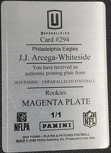 J.J. ARCEGA-WHITESIDE 2019 Panini Unparalleled RC PRINTING PLATE #1/1  Eagles JJ