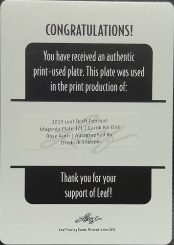 DREDRICK SNELSON 2019 Leaf Draft RC AUTO PRINTING PLATE #1/1 Jaguars UCF One of