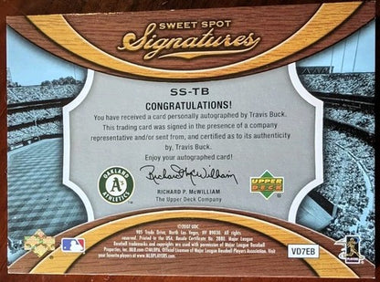 TRAVIS BUCK 2007 UD Sweet Spot GOLD INK STITCH LACES AUTO BALL PATCH SP #/99 A's
