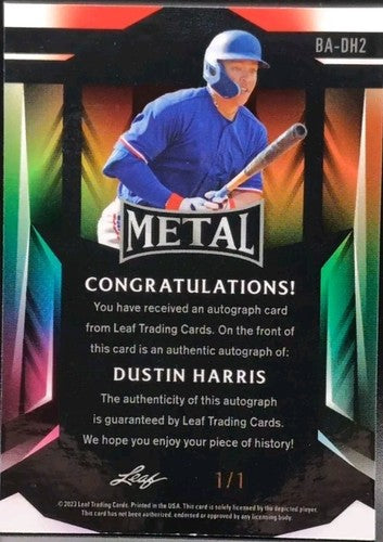 DUSTIN HARRIS 2023 Leaf Metal RC AUTO Red White Blue Crystals SP #1/1 of Rangers