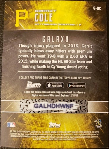 GERRIT COLE 2017 Topps Bunt Physical Galaxy Redemption #/99 Yankees Pirates Used