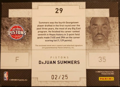DaJUAN SUMMERS 2009-10 Panini Threads RC DUAL AUTO Jersey PATCH SP #2/25 Pistons