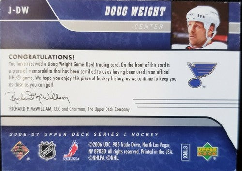 DOUG WEIGHT 2006-07 Upper Deck NHL Series 1 UD Game Used Jersey Hurricanes Blues
