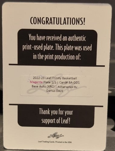 DARIUS DAYS 2022-23 Leaf Trinity XRC AUTO PRINTING PLATE #1/1 Rockets LSU Tigers