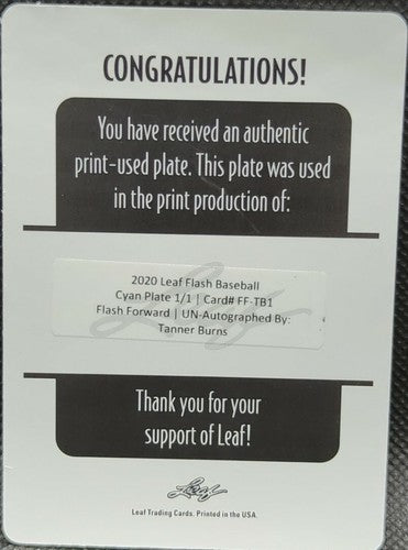 TANNER BURNS 2020 Leaf Flash Forward RC PRINTING PLATE SP #1/1 Cleveland One of