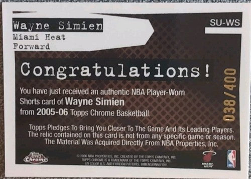 WAYNE SIMIEN 2005-06 Topps Chrome RC Worn Used JERSEY SHORTS Relic SP #/400 Heat