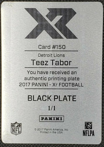 TEEZ TABOR 2017 Panini XR RC Rookie Black PRINTING PLATE SP #1/1 Lions Bears